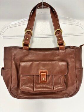 Lauren Ralph Lauren Brown Leather Shoulder Bag Gold Hardware Front Side Pockets